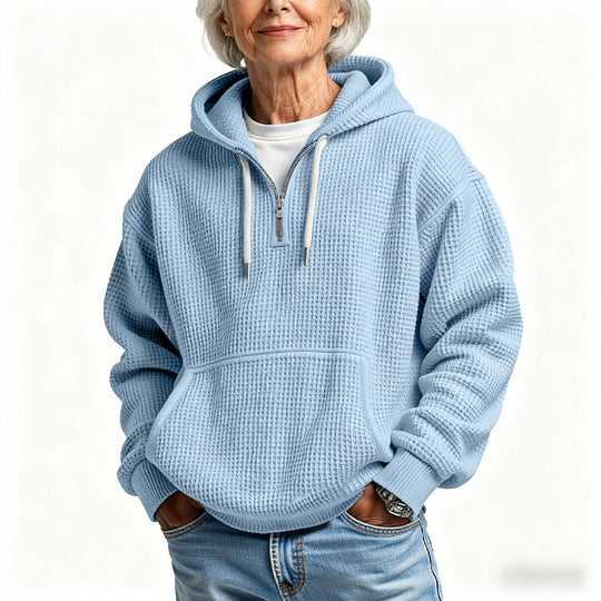 Women's Casual Solid Waffle Zipper Long Sleeve Hooded Thickened Sweatshirt