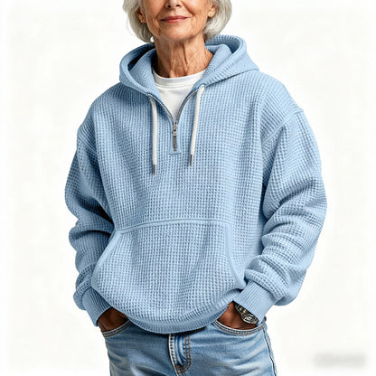 Women's Casual Solid Waffle Zipper Long Sleeve Hooded Thickened Sweatshirt