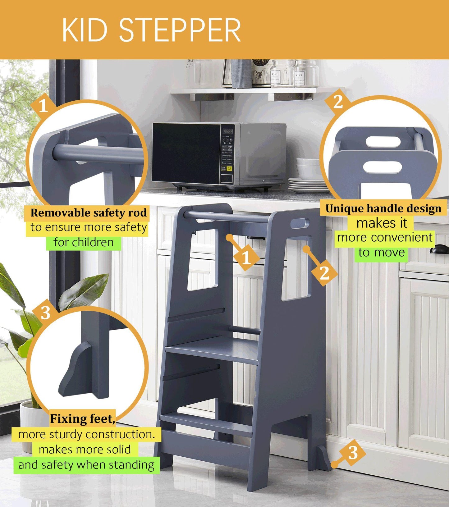 Wooden Kitchen Step Stool for Kids with Adjustable Footrest👶