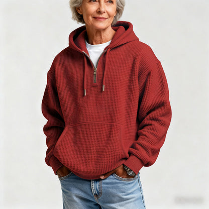Women's Casual Solid Waffle Zipper Long Sleeve Hooded Thickened Sweatshirt