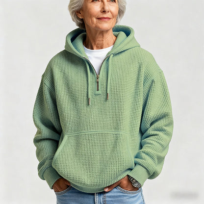 Women's Casual Solid Waffle Zipper Long Sleeve Hooded Thickened Sweatshirt