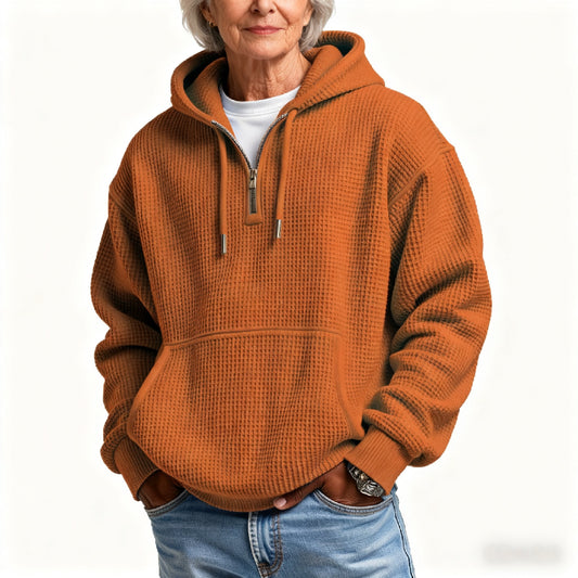 Women's Casual Solid Waffle Zipper Long Sleeve Hooded Thickened Sweatshirt